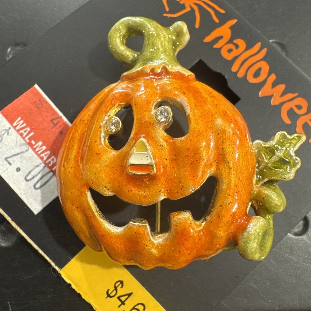 VTG TC Tanya Creations Halloween Pumpkin Brooch Pin Candy Corn Nose Rhinestone